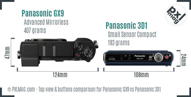 Panasonic GX9 vs Panasonic 3D1 top view buttons comparison