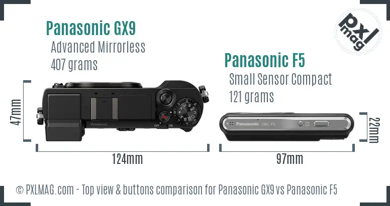 Panasonic GX9 vs Panasonic F5 top view buttons comparison