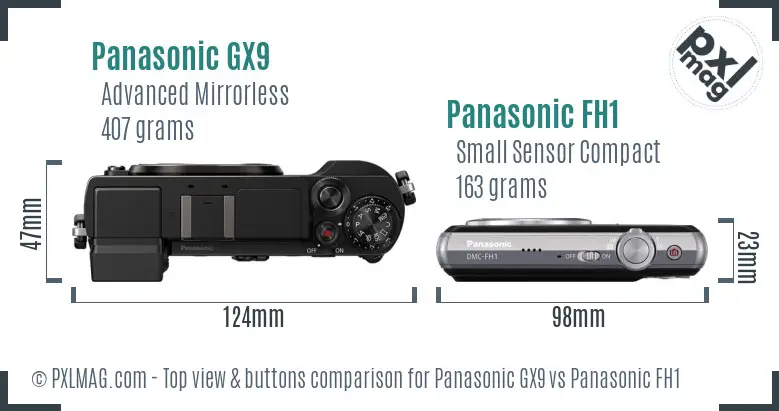 Panasonic GX9 vs Panasonic FH1 top view buttons comparison