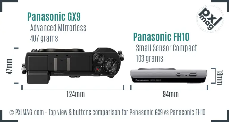 Panasonic GX9 vs Panasonic FH10 top view buttons comparison