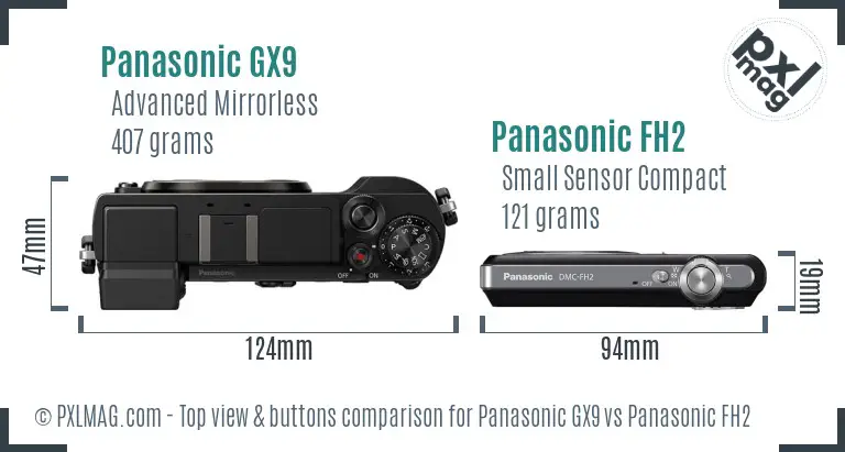 Panasonic GX9 vs Panasonic FH2 top view buttons comparison