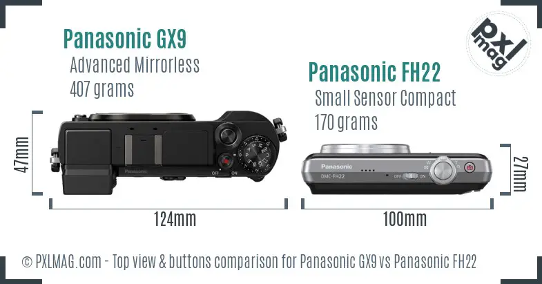 Panasonic GX9 vs Panasonic FH22 top view buttons comparison