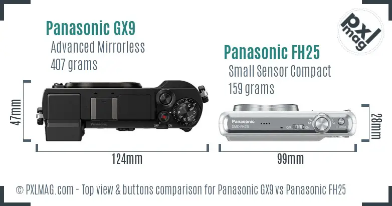 Panasonic GX9 vs Panasonic FH25 top view buttons comparison