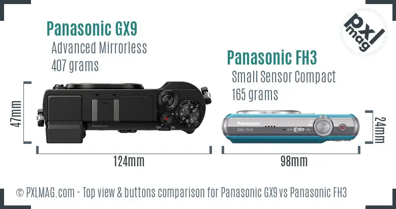 Panasonic GX9 vs Panasonic FH3 top view buttons comparison