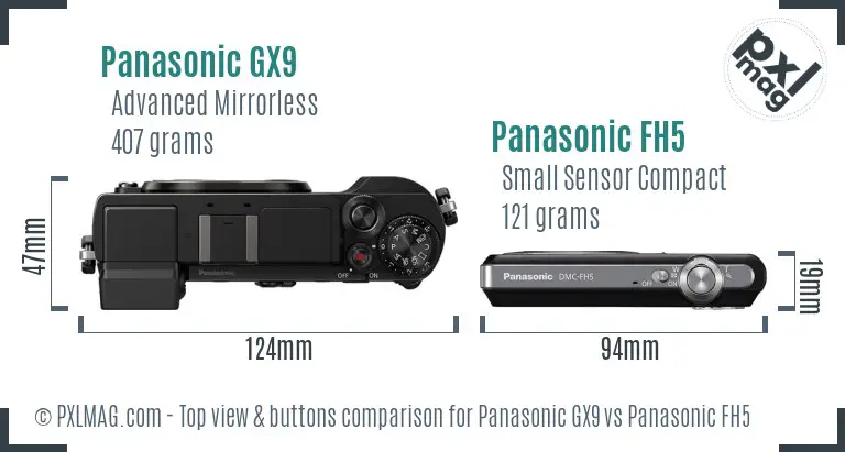 Panasonic GX9 vs Panasonic FH5 top view buttons comparison