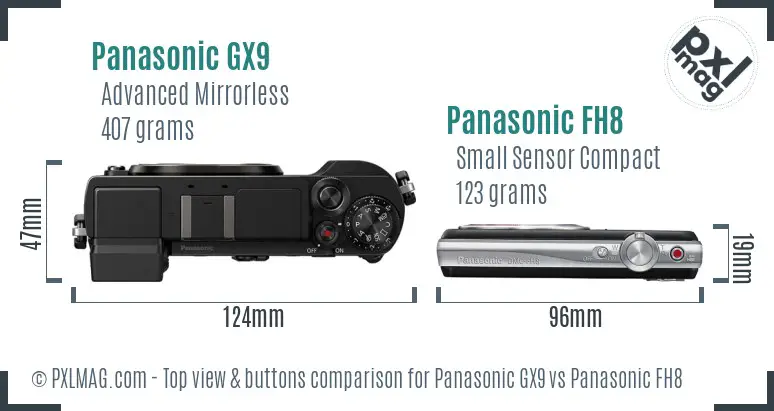 Panasonic GX9 vs Panasonic FH8 top view buttons comparison
