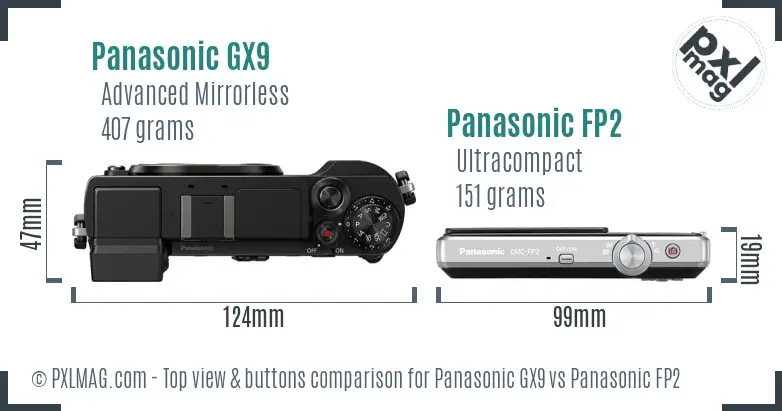 Panasonic GX9 vs Panasonic FP2 top view buttons comparison