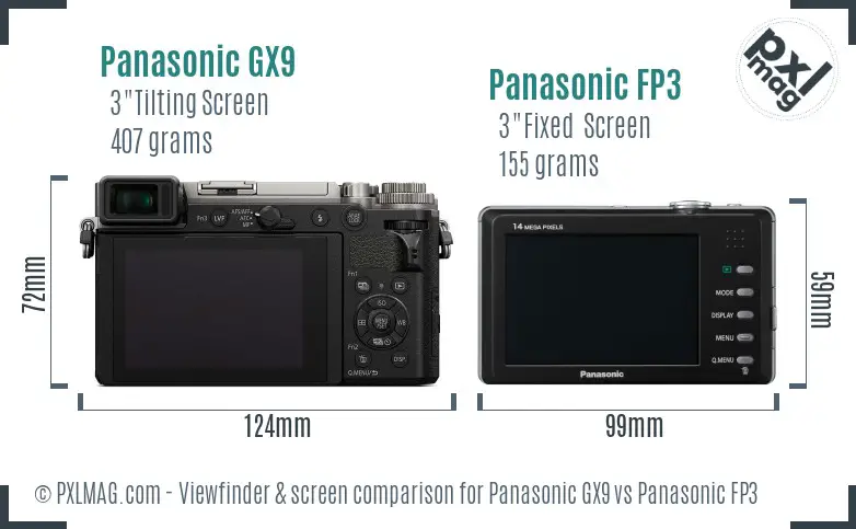 Panasonic GX9 vs Panasonic FP3 Screen and Viewfinder comparison