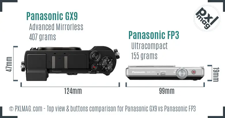Panasonic GX9 vs Panasonic FP3 top view buttons comparison