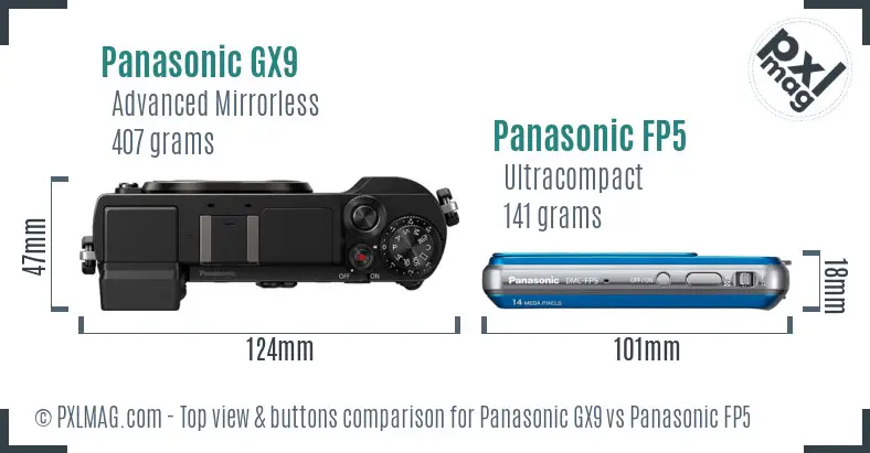 Panasonic GX9 vs Panasonic FP5 top view buttons comparison