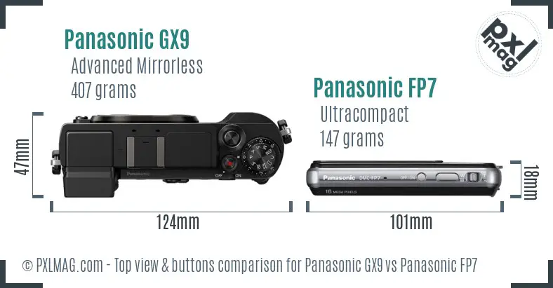 Panasonic GX9 vs Panasonic FP7 top view buttons comparison