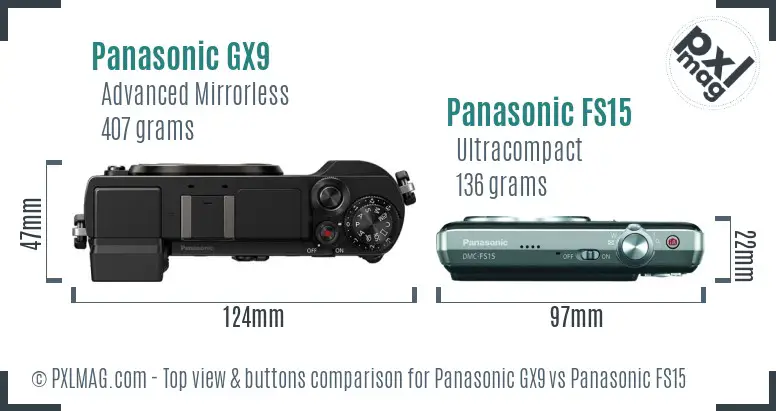 Panasonic GX9 vs Panasonic FS15 top view buttons comparison