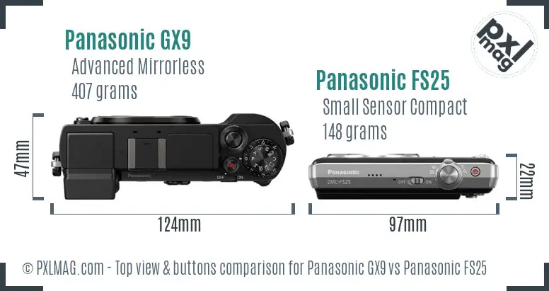 Panasonic GX9 vs Panasonic FS25 top view buttons comparison