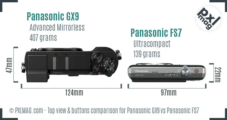 Panasonic GX9 vs Panasonic FS7 top view buttons comparison