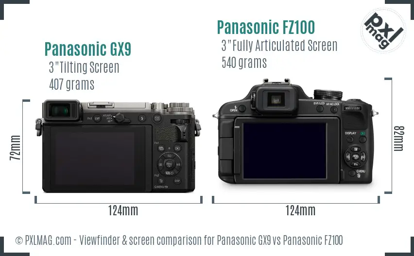 Panasonic GX9 vs Panasonic FZ100 Screen and Viewfinder comparison