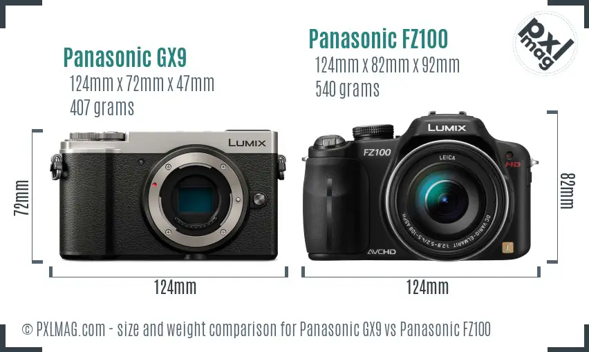 Panasonic GX9 vs Panasonic FZ100 size comparison