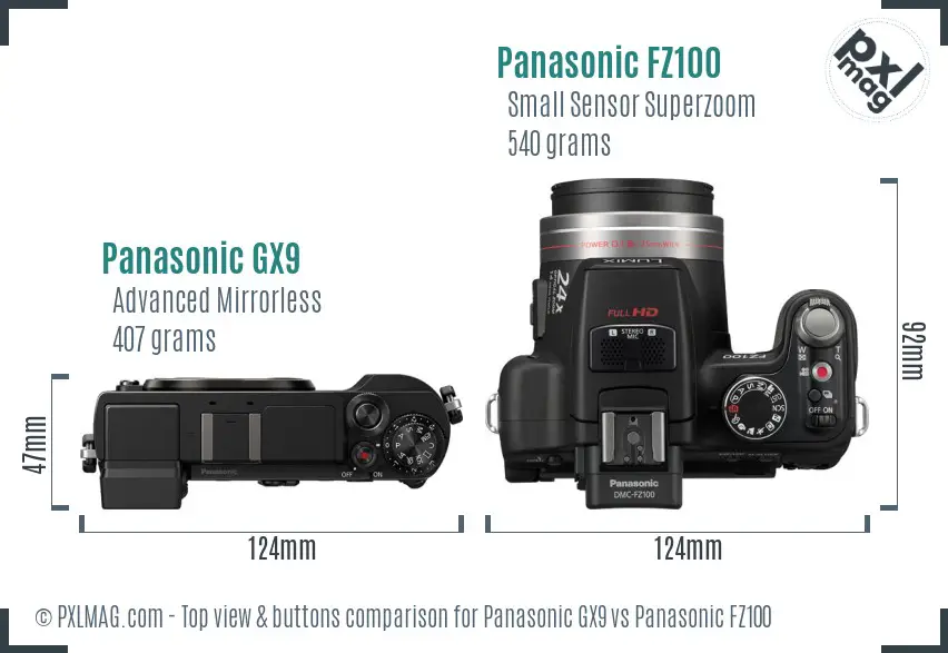 Panasonic GX9 vs Panasonic FZ100 top view buttons comparison