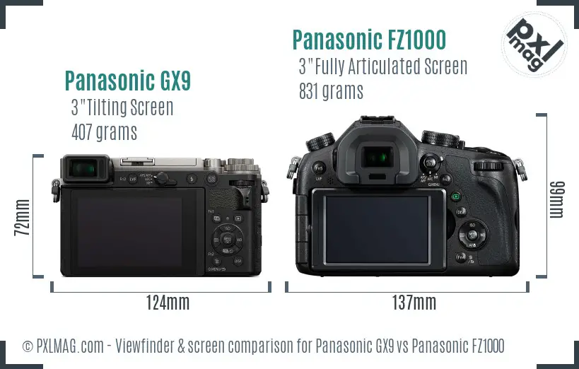 Panasonic GX9 vs Panasonic FZ1000 Screen and Viewfinder comparison