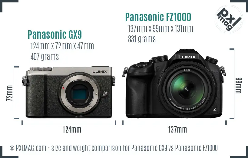 Panasonic GX9 vs Panasonic FZ1000 size comparison