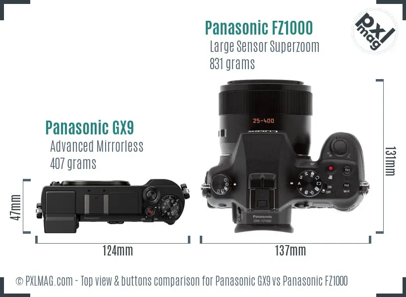Panasonic GX9 vs Panasonic FZ1000 top view buttons comparison