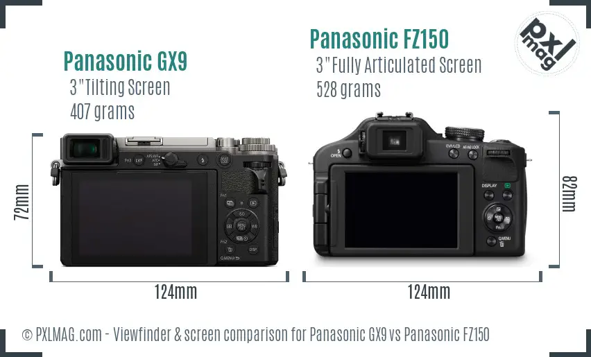 Panasonic GX9 vs Panasonic FZ150 Screen and Viewfinder comparison