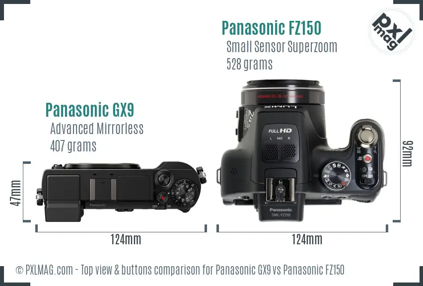 Panasonic GX9 vs Panasonic FZ150 top view buttons comparison