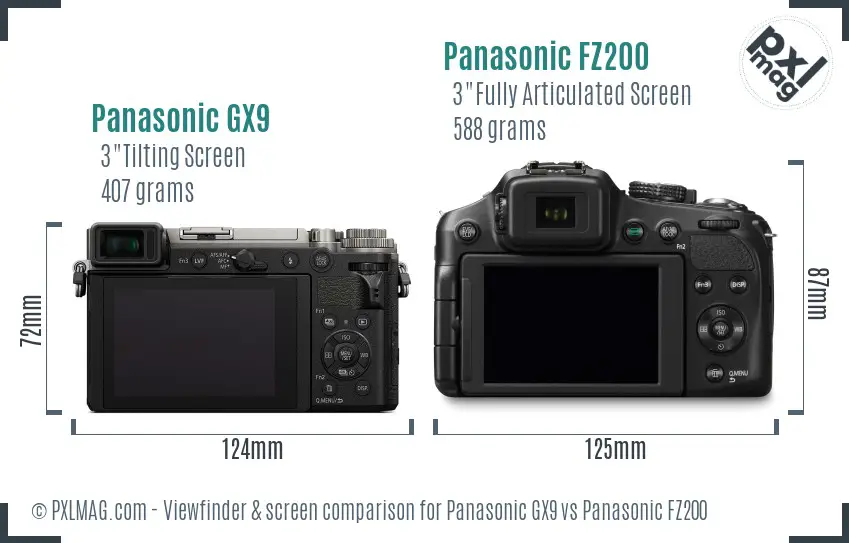 Panasonic GX9 vs Panasonic FZ200 Screen and Viewfinder comparison