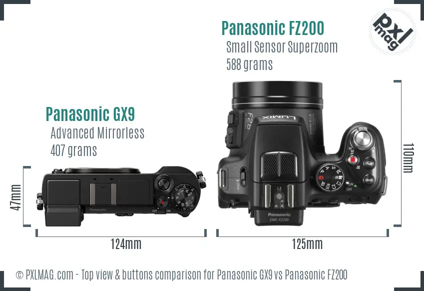 Panasonic GX9 vs Panasonic FZ200 top view buttons comparison