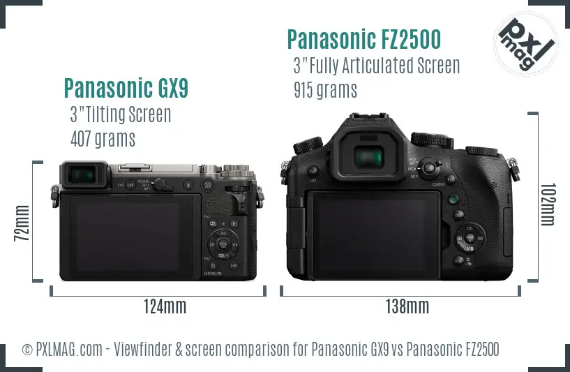 Panasonic GX9 vs Panasonic FZ2500 Screen and Viewfinder comparison