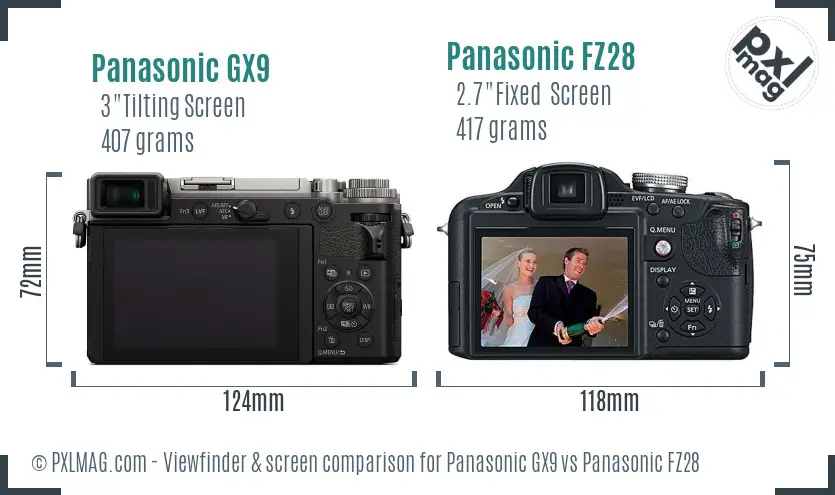 Panasonic GX9 vs Panasonic FZ28 Screen and Viewfinder comparison