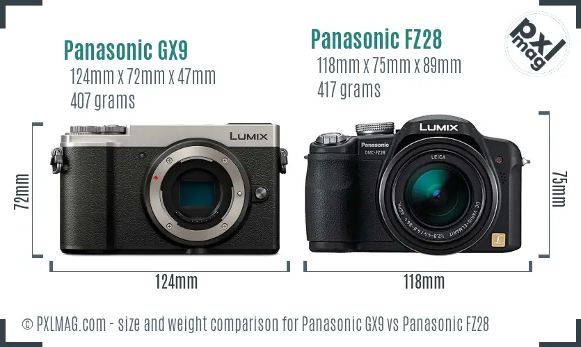 Panasonic GX9 vs Panasonic FZ28 size comparison