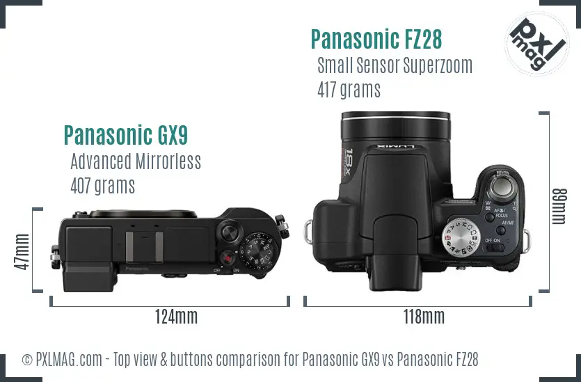 Panasonic GX9 vs Panasonic FZ28 top view buttons comparison