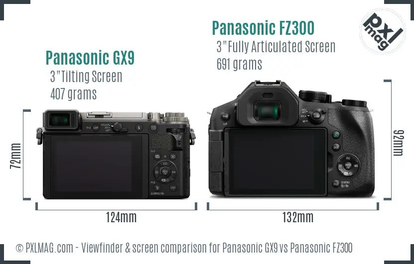 Panasonic GX9 vs Panasonic FZ300 Screen and Viewfinder comparison