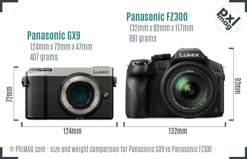 Panasonic GX9 vs Panasonic FZ300 size comparison