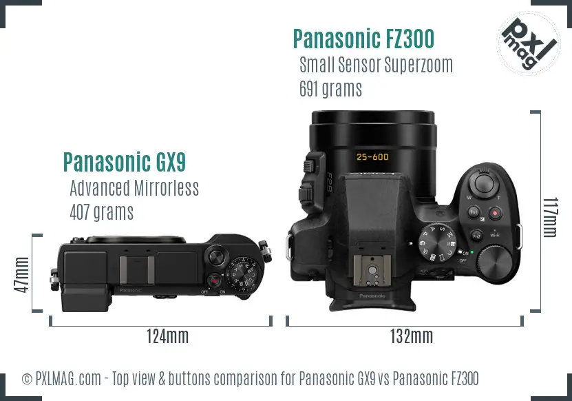 Panasonic GX9 vs Panasonic FZ300 top view buttons comparison