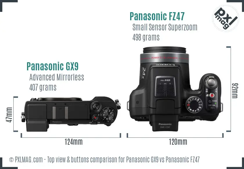 Panasonic GX9 vs Panasonic FZ47 top view buttons comparison