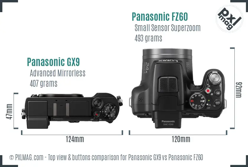 Panasonic GX9 vs Panasonic FZ60 top view buttons comparison