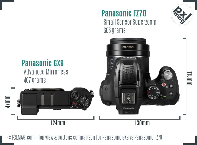 Panasonic GX9 vs Panasonic FZ70 top view buttons comparison