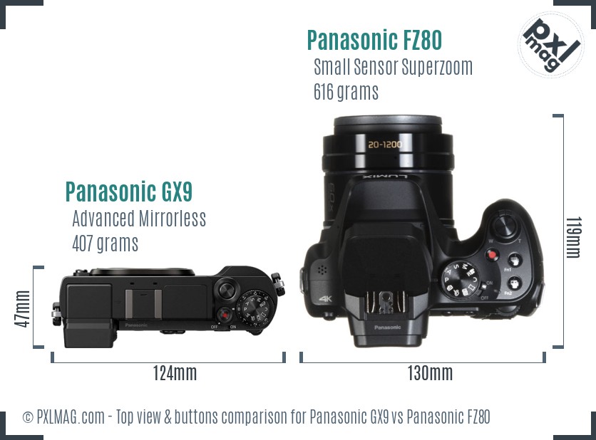 Panasonic GX9 vs Panasonic FZ80 top view buttons comparison