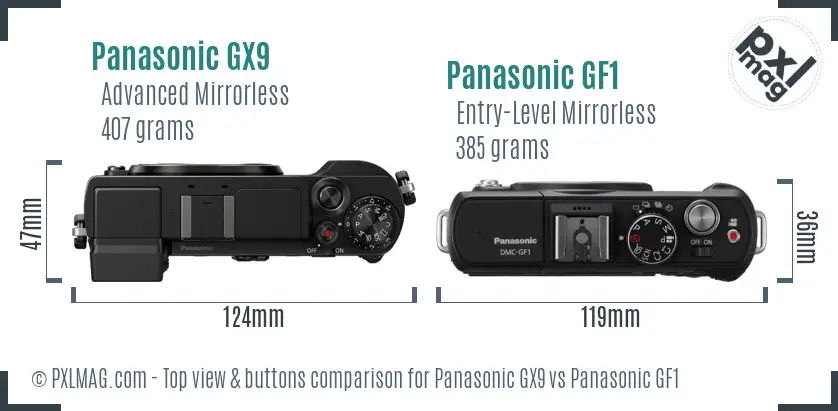 Panasonic GX9 vs Panasonic GF1 top view buttons comparison