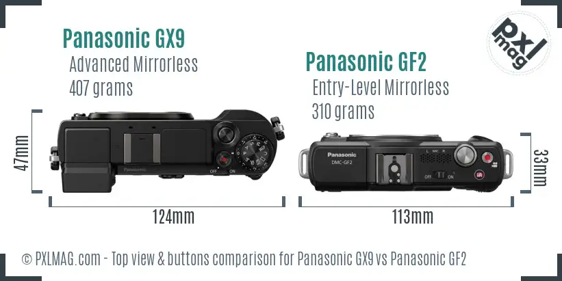 Panasonic GX9 vs Panasonic GF2 top view buttons comparison