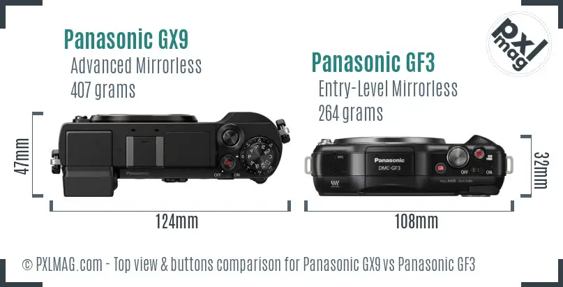 Panasonic GX9 vs Panasonic GF3 top view buttons comparison
