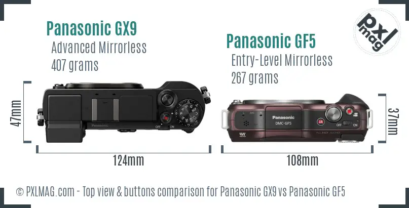 Panasonic GX9 vs Panasonic GF5 top view buttons comparison