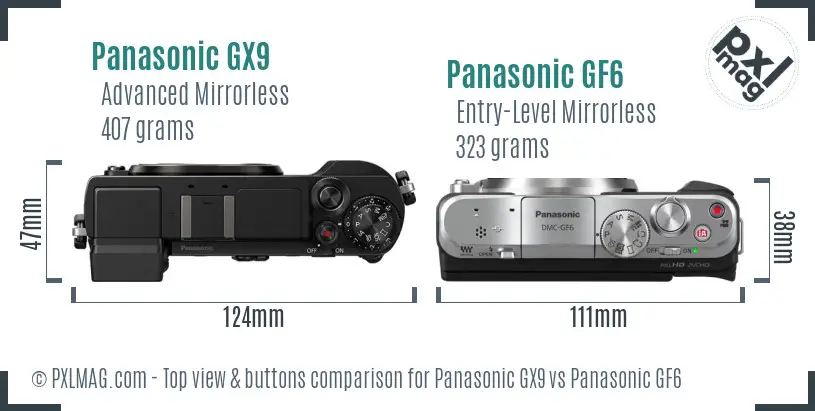 Panasonic GX9 vs Panasonic GF6 top view buttons comparison