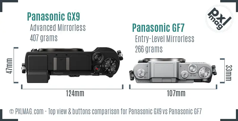 Panasonic GX9 vs Panasonic GF7 top view buttons comparison