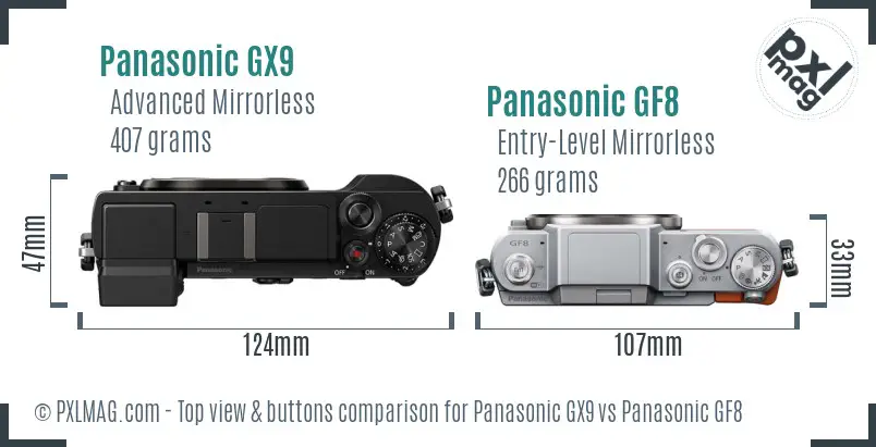 Panasonic GX9 vs Panasonic GF8 top view buttons comparison