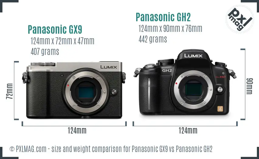 Panasonic GX9 vs Panasonic GH2 size comparison