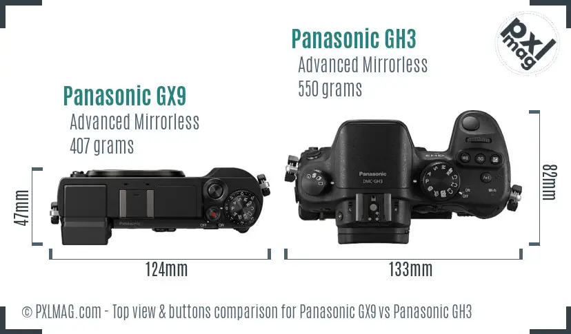 Panasonic GX9 vs Panasonic GH3 top view buttons comparison