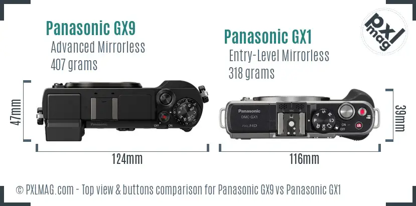 Panasonic GX9 vs Panasonic GX1 top view buttons comparison