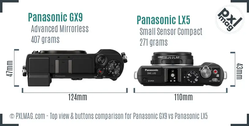 Panasonic GX9 vs Panasonic LX5 top view buttons comparison Panasonic GX9 vs Panasonic LX5 top view buttons comparison